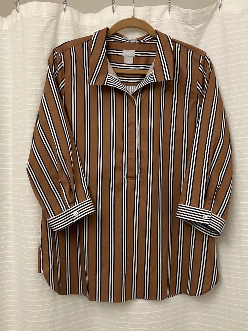 Chico's Brown and Black/White Striped Button-Back Shirt Size 2/Large